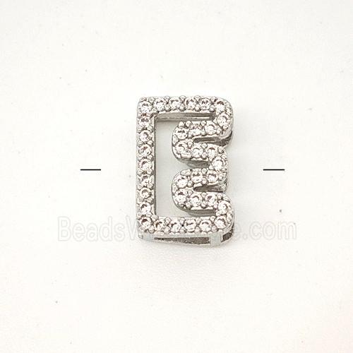 Copper Letter-E Beads Pave Zirconia Platinum Plated