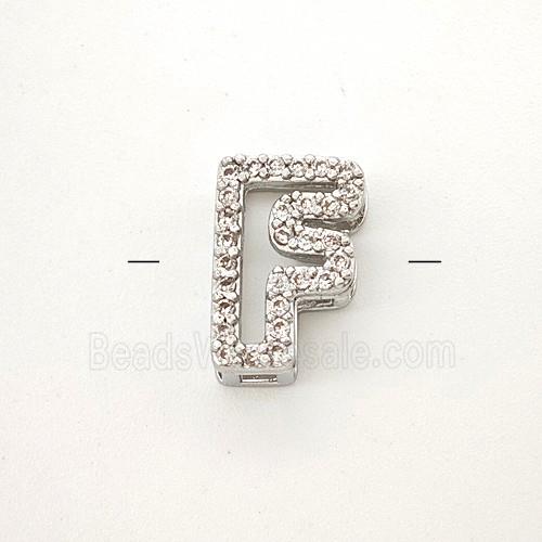 Copper Letter-F Beads Pave Zirconia Platinum Plated