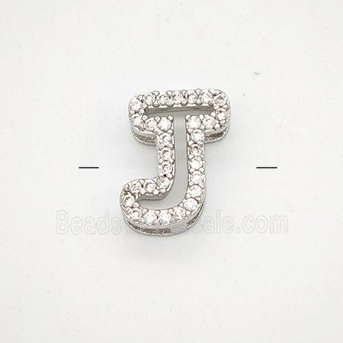 Copper Letter-J Beads Pave Zirconia Platinum Plated