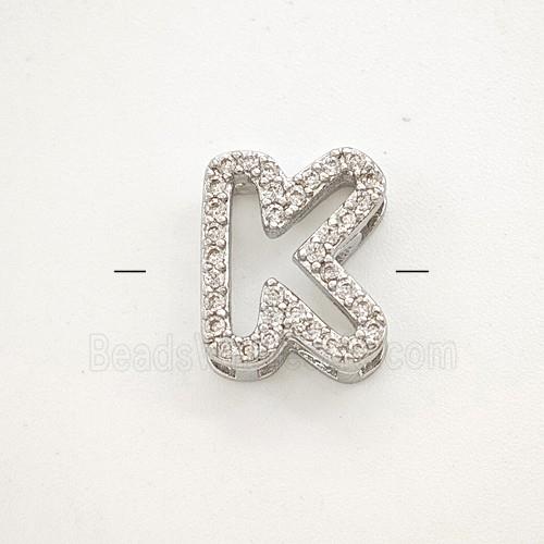 Copper Letter-K Beads Pave Zirconia Platinum Plated