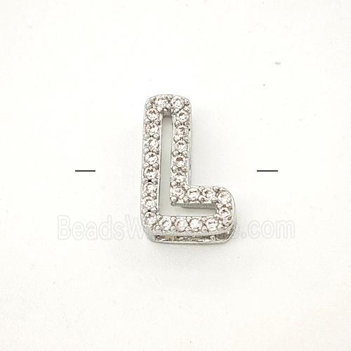 Copper Letter-L Beads Pave Zirconia Platinum Plated