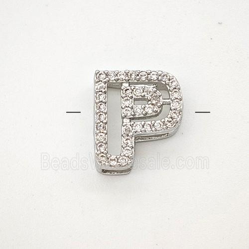 Copper Letter-P Beads Pave Zirconia Platinum Plated
