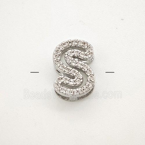 Copper Letter-S Beads Pave Zirconia Platinum Plated