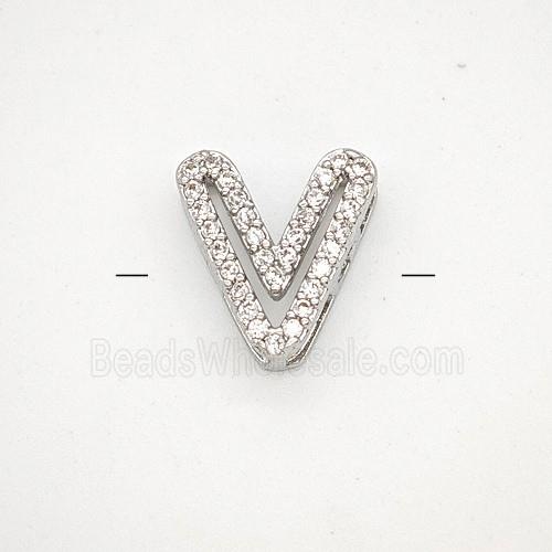 Copper Letter-V Beads Pave Zirconia Platinum Plated