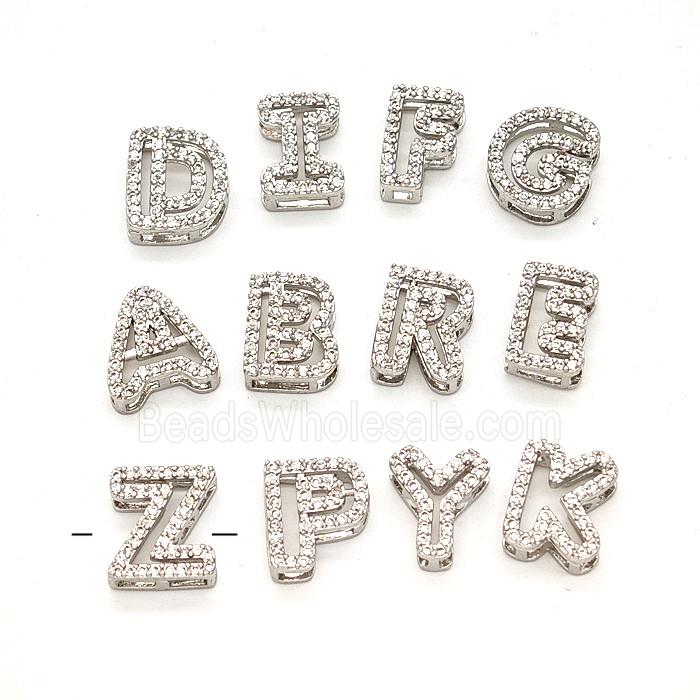 Copper Alphabet Beads Pave Zirconia Platinum Plated Mix Letters