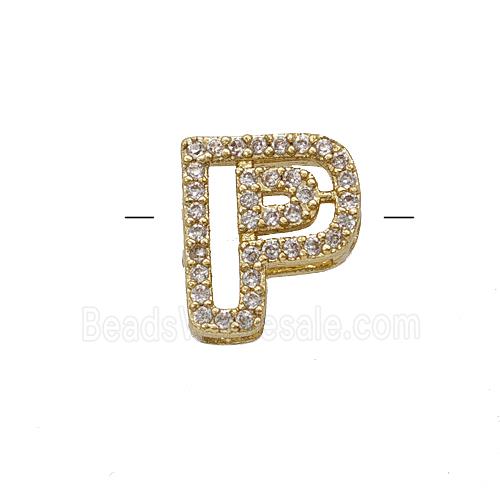 Copper Letter-P Beads Pave Zirconia Gold Plated