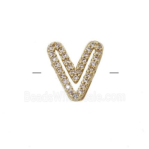 Copper Letter-V Beads Pave Zirconia Gold Plated