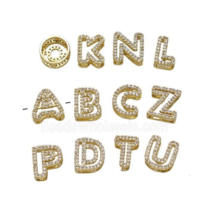 Copper Alphabet Beads Pave Zirconia Gold Plated Mixed Letters