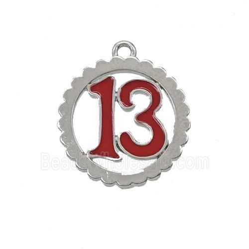 Lucky Number 13 Charms Copper Pendant Red Enamel Platinum Plated