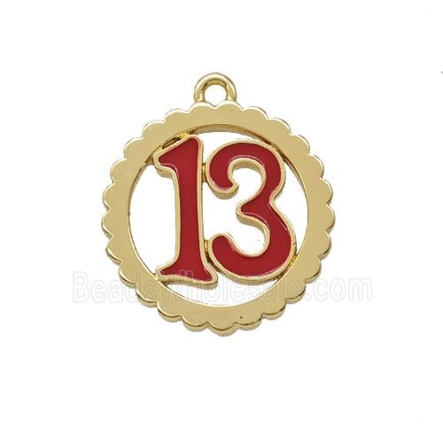 Lucky Number 13 Charms Copper Pendant Red Enamel Gold Plated
