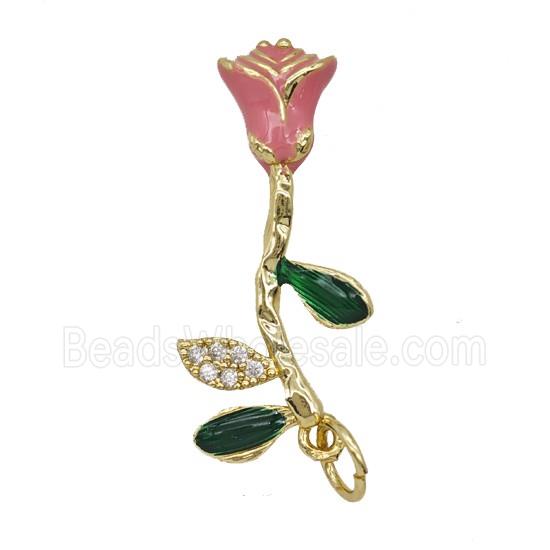 Copper Rose Flower Pendant Pave Zirconia Pink Enamel Gold Plated