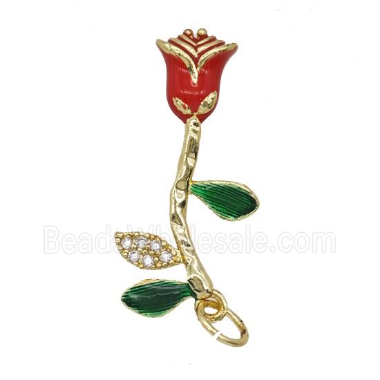 Copper Rose Flower Pendant Pave Zirconia Red Enamel Gold Plated