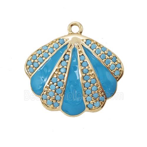 Copper Scallop Shell Pendant Pave Zirconia Blue Enamel Gold Plated