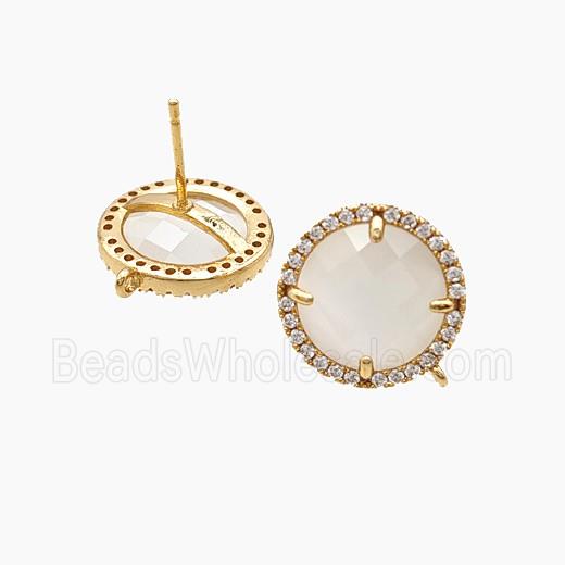 Copper Circle Stud Earrings Pave Zirconia Jadeite Glass Gold Plated