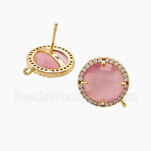 Copper Circle Stud Earrings Pave Zirconia Pink Jadeite Glass Gold Plated
