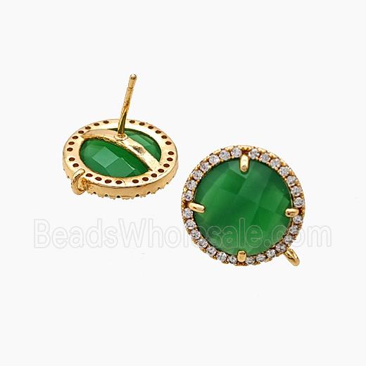 Copper Circle Stud Earrings Pave Zirconia Green Jadeite Glass Gold Plated