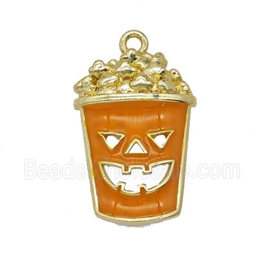 Halloween Monster Bucket Charms Copper Popcorn Pendant Orange Enamel Gold Plated