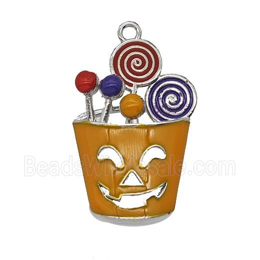 Halloween Monster Bucket Charms Copper Pendant Lollipop Orange Enamel Platinum Plated