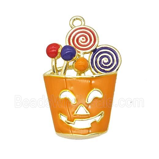 Halloween Monster Bucket Charms Copper Pendant Lollipop Orange Enamel Gold Plated
