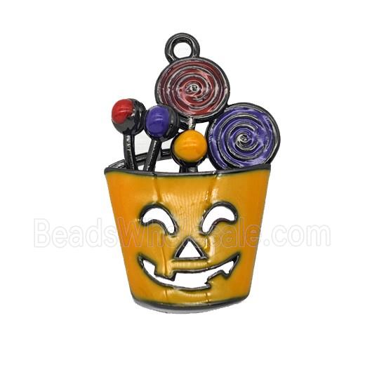 Halloween Monster Bucket Charms Copper Pendant Lollipop Orange Enamel Black Plated