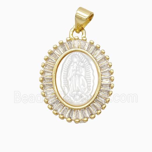 Copper Oval Pendant Pave Zirconia Shell Virgin Mary 18K Gold Plated