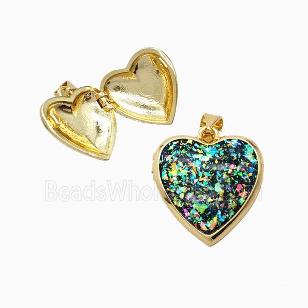 Copper Heart Locket Pendant Pave Fireopal 18K Gold Plated