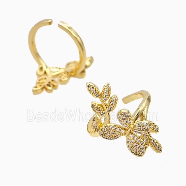 Copper Butterfly Leaf Rings Pave Zirconia 18K Gold Plated