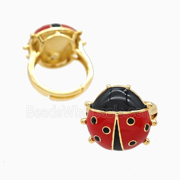Copper Ladybug Rings Red Enamel Adjustable 18K Gold Plated
