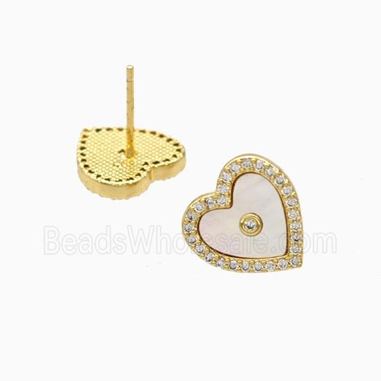 Copper Heart Stud Earrings Pave Zirconia Shell 18K Gold Plated