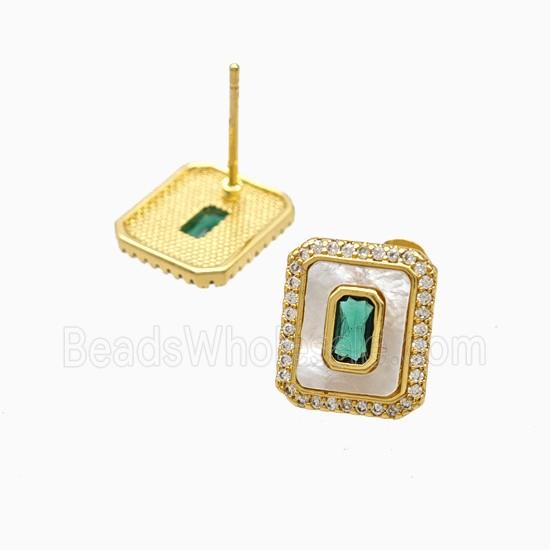 Copper Rectangle Stud Earrings Pave Zirconia Shell 18K Gold Plated