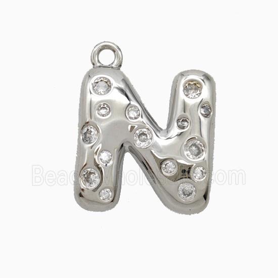 Copper Letter-N Pendant Pave Zirconia Platinum Plated