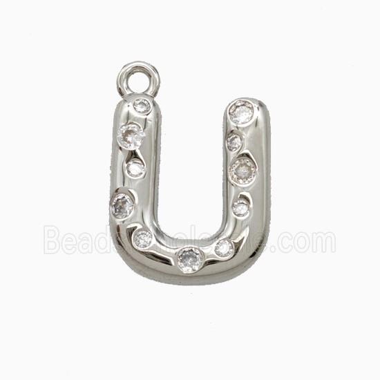 Copper Letter-U Pendant Pave Zirconia Platinum Plated