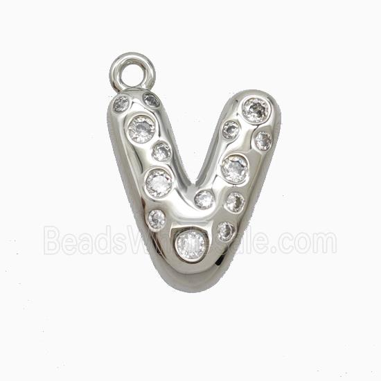 Copper Letter-V Pendant Pave Zirconia Platinum Plated