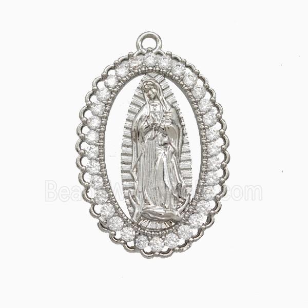 Copper Virgin Mary Pendant Pave Zirconia Platinum Plated