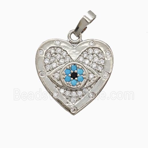 Copper Heart Pendant Pave Zirconia Evil Eye Platinum Plated