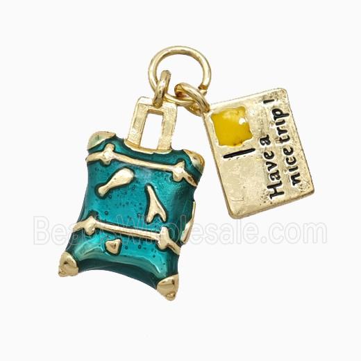 Travel Luggage And Postal Card Charms Copper Pendant Green Enamel Gold Plated
