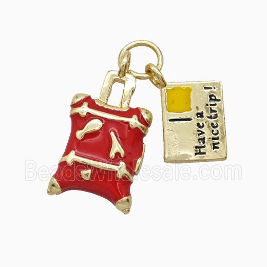 Travel Luggage And Postal Card Charms Copper Pendant Red Enamel Gold Plated