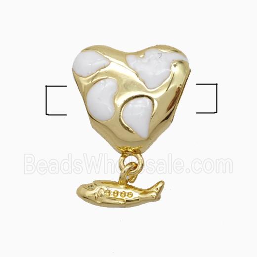 Copper Heart Beads White Enamel Large Hole Fish Gold Plated