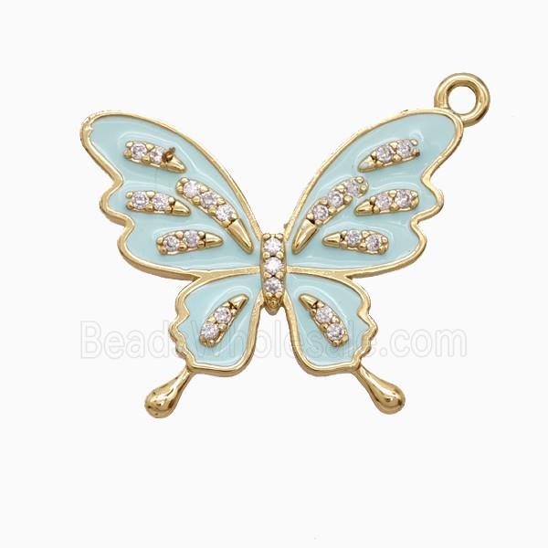 Copper Butterfly Pendant Pave Zirconia Teal Enamel Gold Plated