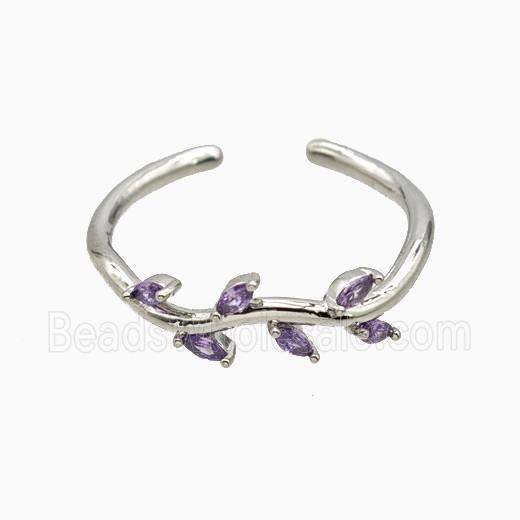 Copper Leaf Rings Pave Zirconia Platinum Plated