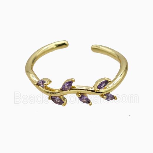 Copper Leaf Rings Pave Zirconia Gold Plated