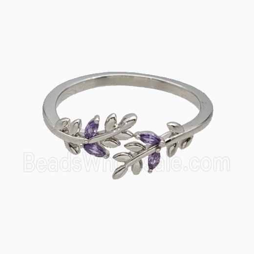 Copper Leaf Rings Pave Zirconia Platinum Plated