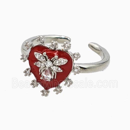 Copper Heart Rings Pave Zirconia Red Enamel Honeybee Platinum Plated