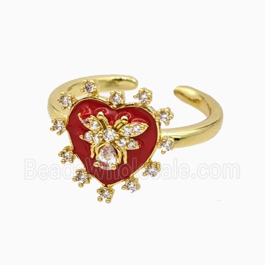 Copper Heart Rings Pave Zirconia Red Enamel Honeybee Gold Plated