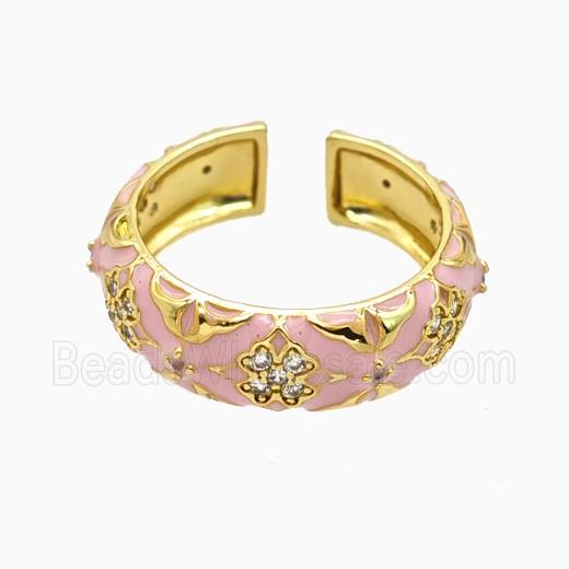 Copper Ring Pave Zirconia Pink Enamel Gold Plated