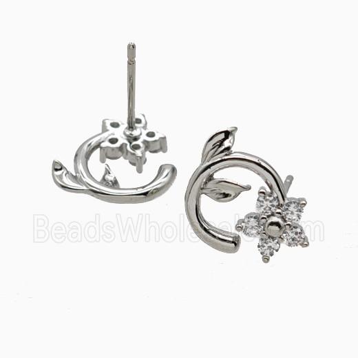 Copper Flower Stud Earrings Pave Zirconia Platinum Plated