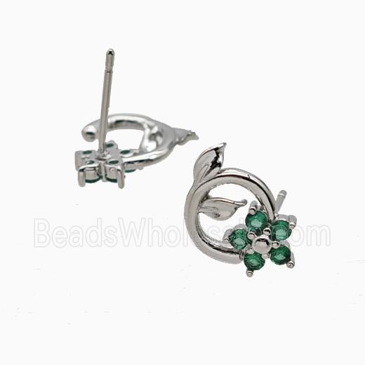 Copper Flower Stud Earrings Pave Zirconia Platinum Plated