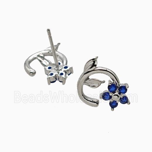 Copper Flower Stud Earrings Pave Zirconia Platinum Plated