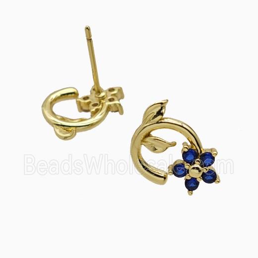 Copper Flower Stud Earrings Pave Zirconia Gold Plated