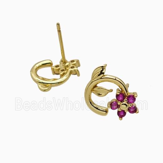 Copper Flower Stud Earrings Pave Zirconia Gold Plated